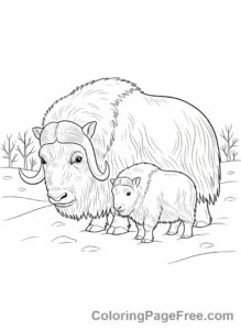 Winter Animals coloring page - Musk ox and calf