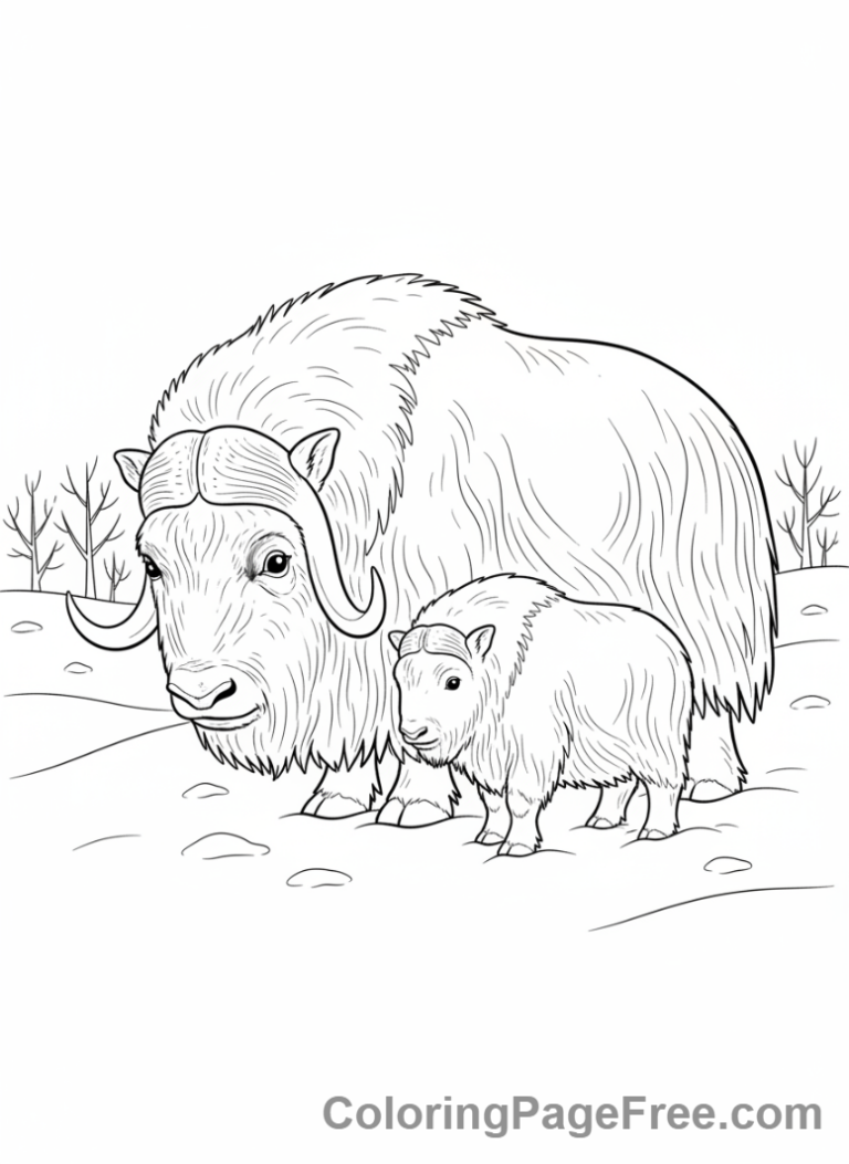 Winter Animals coloring page - Musk ox and calf