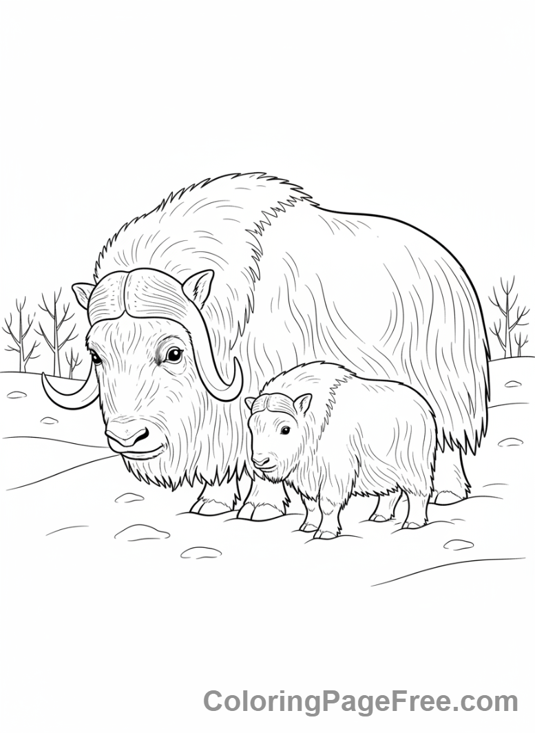 Winter Animals coloring page - Musk ox and calf
