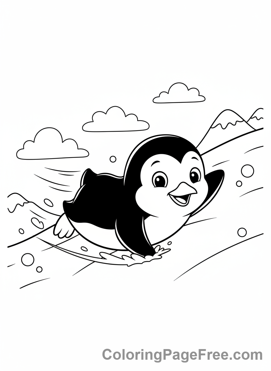 Winter Animals coloring page - Penguin sliding belly