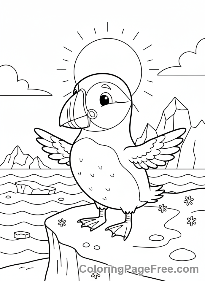 Winter Animals coloring page - Puffin snowy cliff
