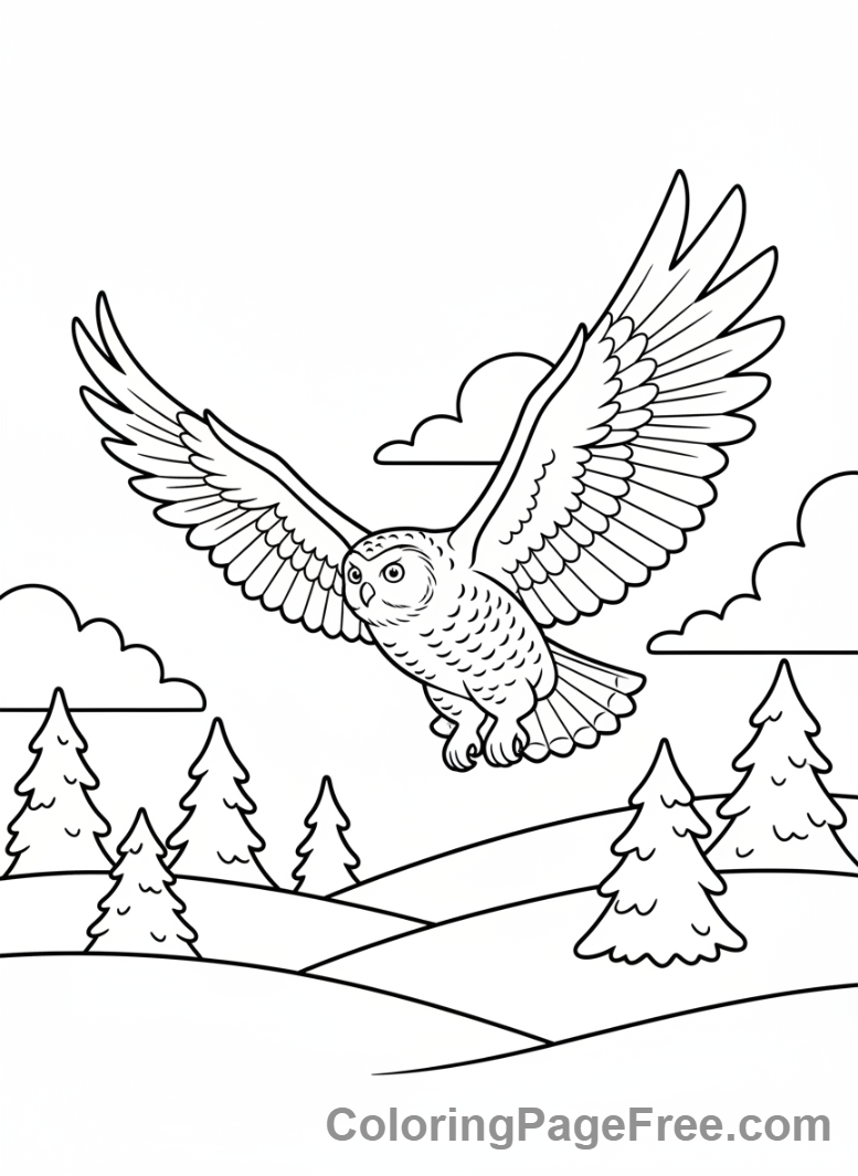 Winter Animals coloring page - Snowy owl flying action