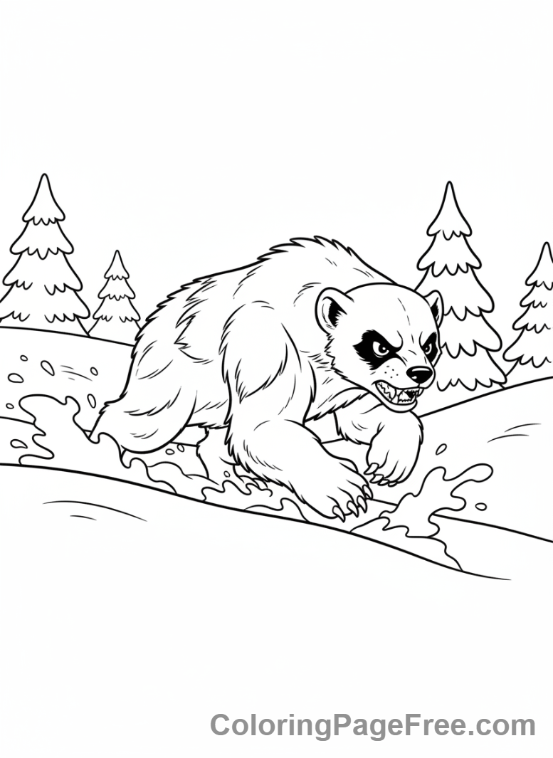 Winter Animals coloring page - Wolverine running snow