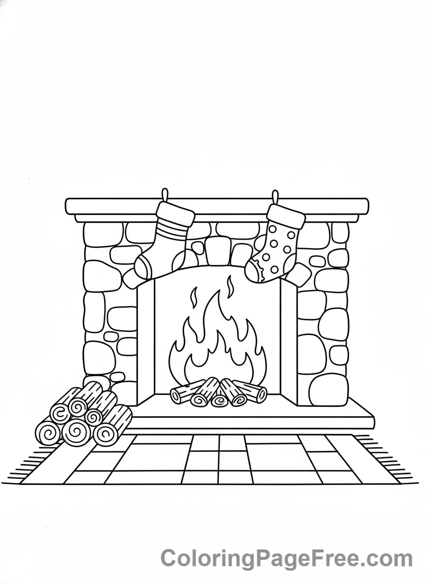 Winter coloring page - Cozy fireplace scene