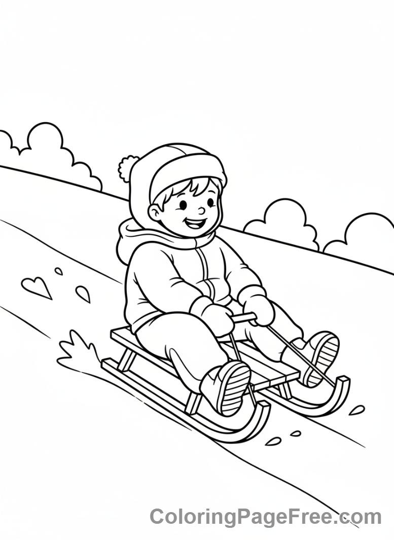 Winter coloring page - Kid sledding downhill