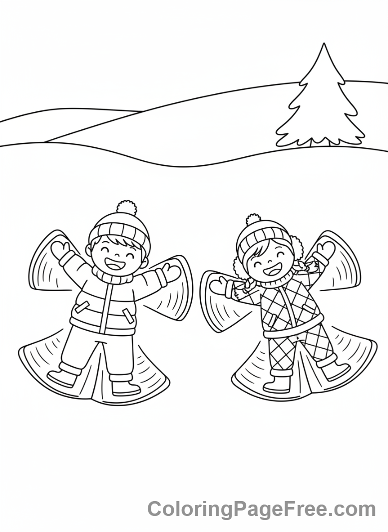 Winter coloring page - Kids snow angels