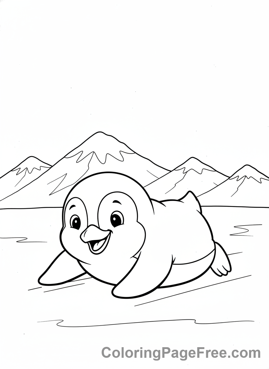 Winter coloring page - Penguin sliding ice