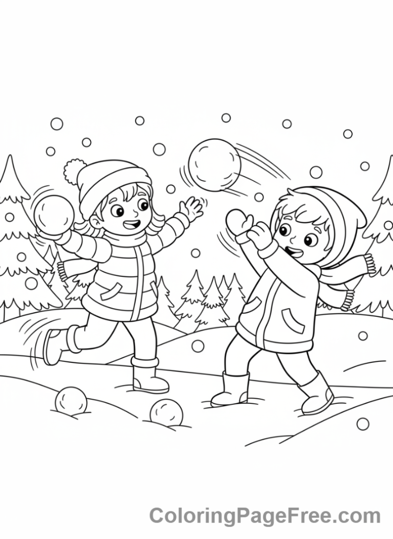 Winter coloring page - Snowball fight action