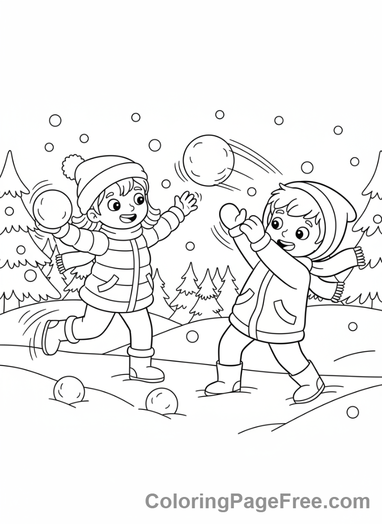 Winter coloring page - Snowball fight action