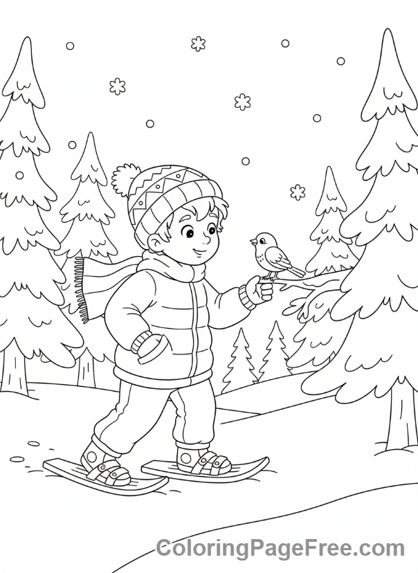 Winter Sports coloring page - Snowshoeing forest walk