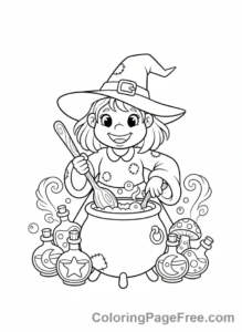 Witch coloring page - Witch brewing potion
