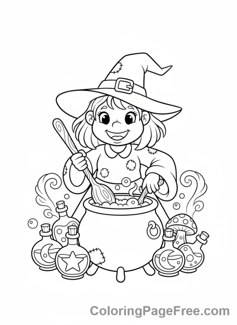 Witch coloring page - Witch brewing potion