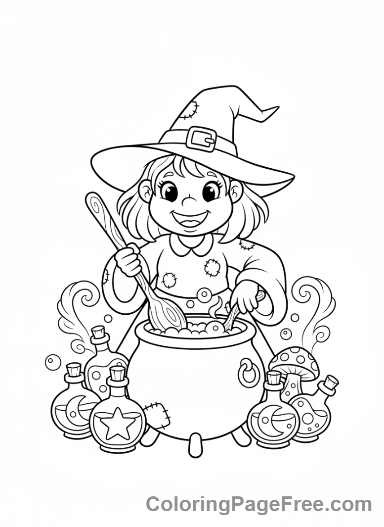 Witch coloring page - Witch brewing potion