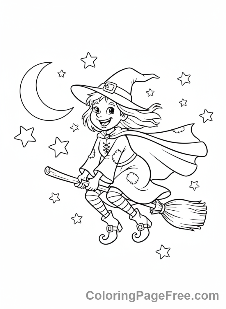 Witch coloring page - Witch flying broomstick