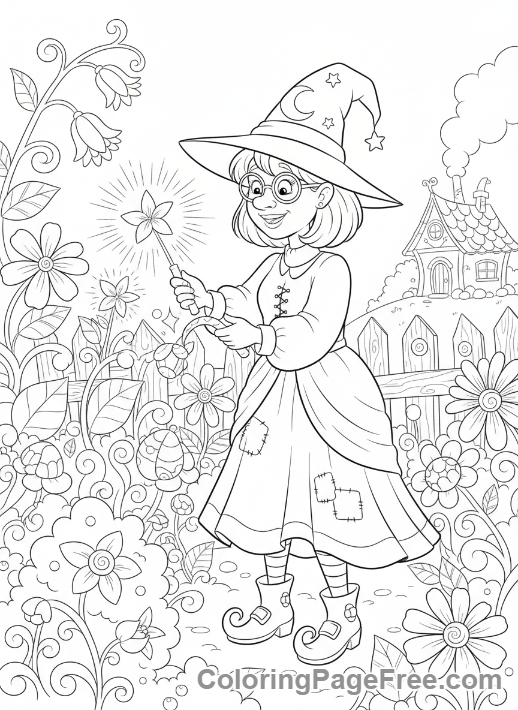 Witch coloring page - Witch gathering herbs