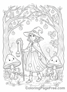 Witch coloring page - Witch in enchanted forest