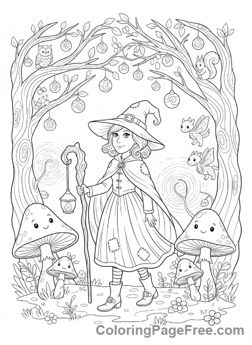 Witch coloring page - Witch in enchanted forest