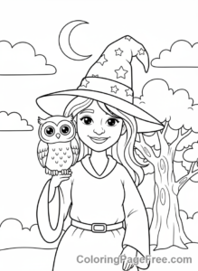 Witch coloring page - Witch with owl