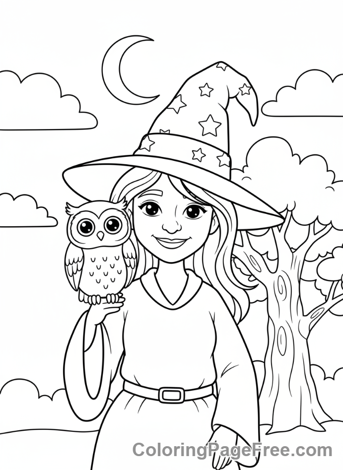 Witch coloring page - Witch with owl