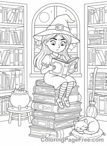 Witch coloring page - Young witch reading