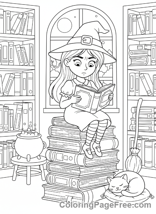 Witch coloring page - Young witch reading