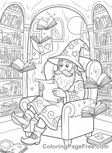 Wizard coloring page - Wizard reading library