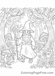 Wizard coloring page - Wizard walking forest