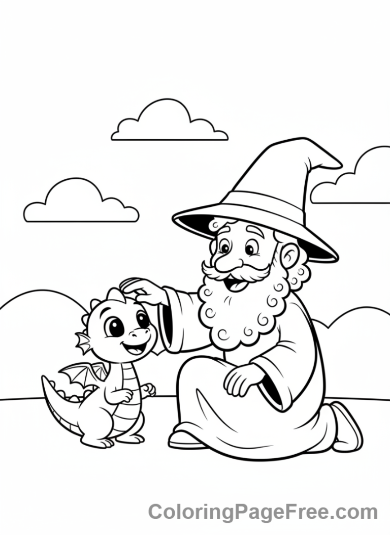 Wizard coloring page - Wizard with dragon