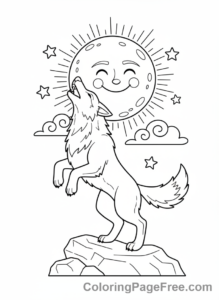Wolf coloring page - Wolf howling moon