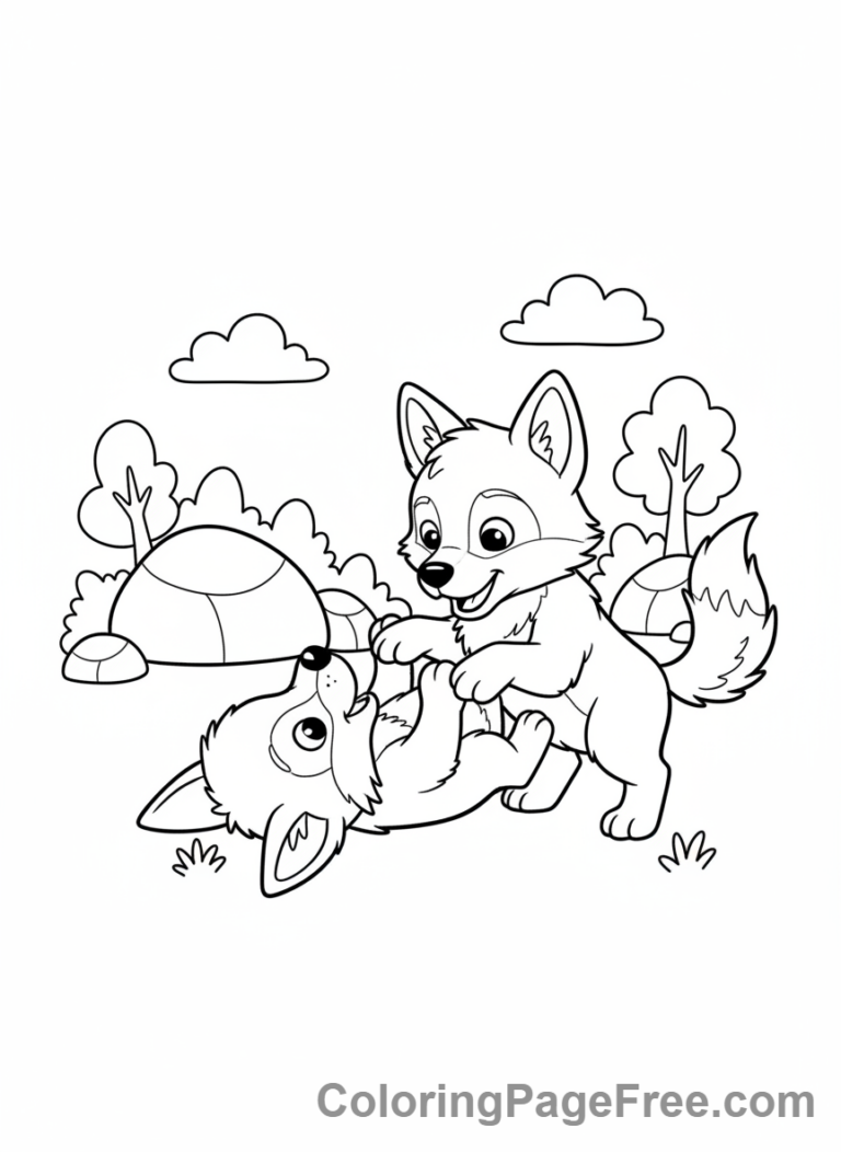 Wolf coloring page - Wolf pups playing