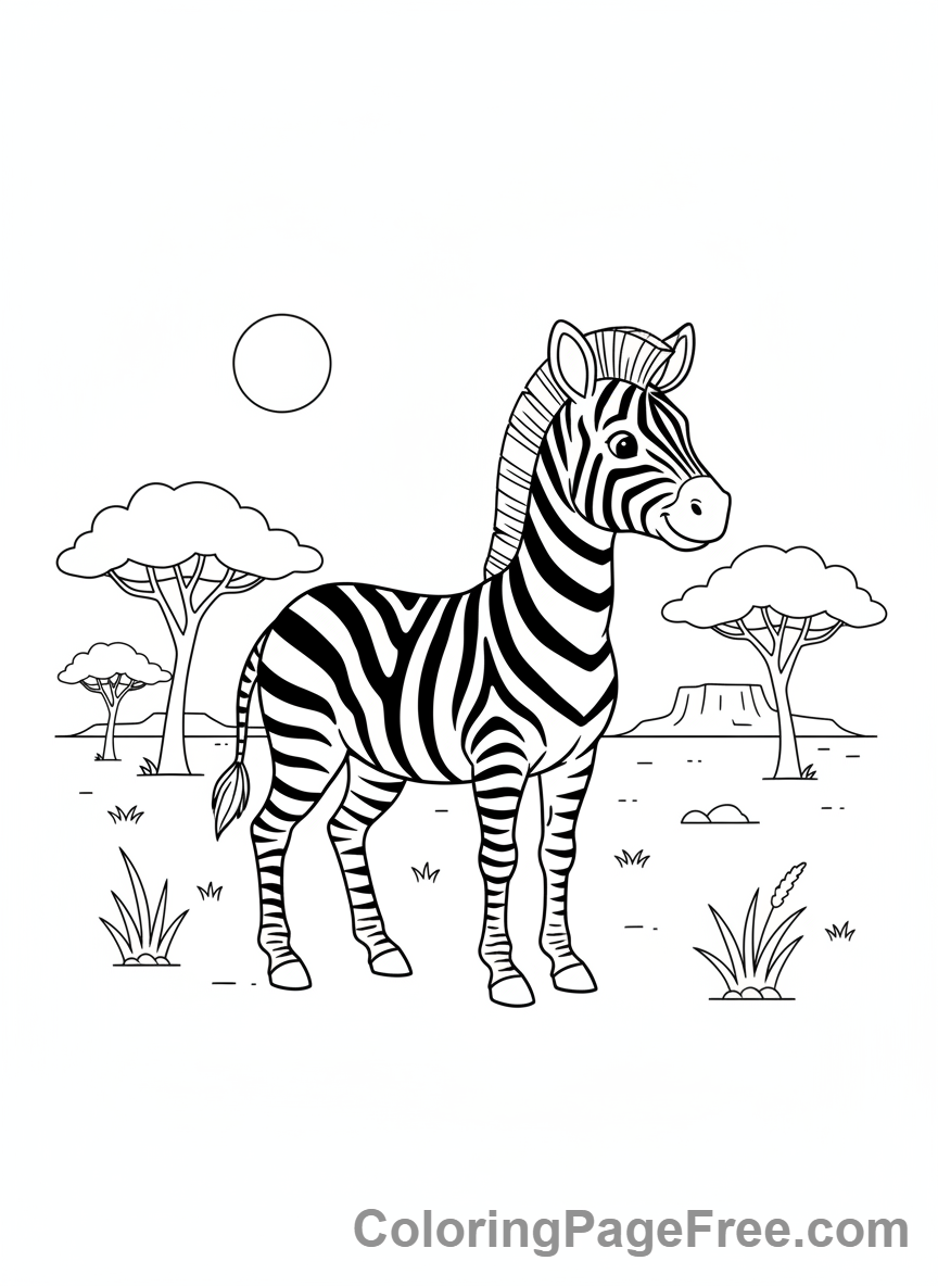 Zebra coloring page - Zebra standing savanna
