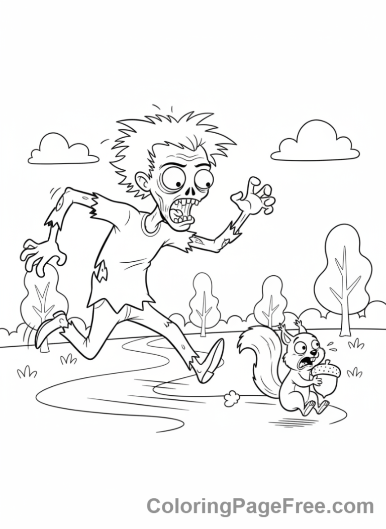 Zombie coloring page - Zombie chasing squirrel