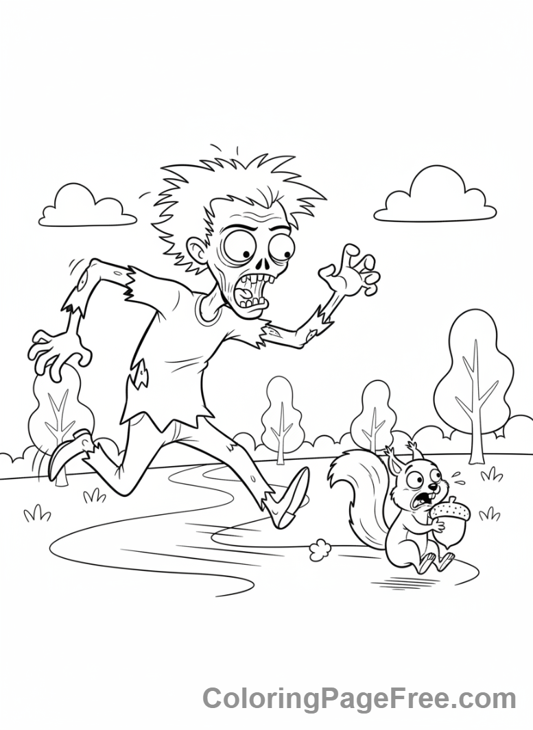 Zombie coloring page - Zombie chasing squirrel