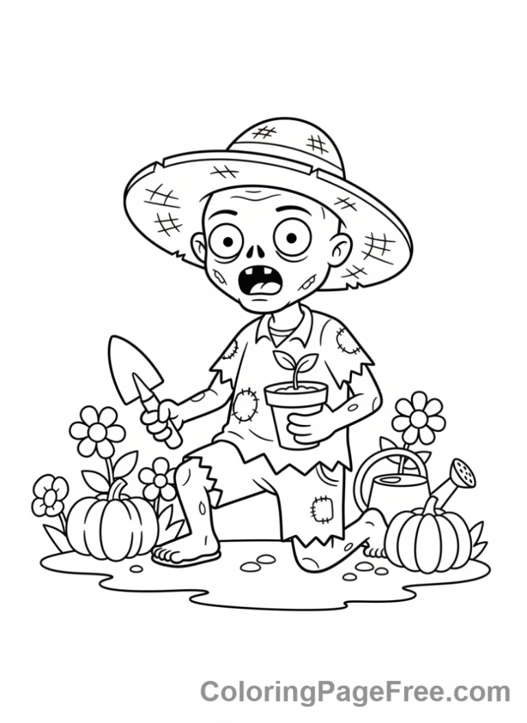 Zombie coloring page - Zombie gardener planting