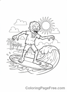 Zombie coloring page - Zombie surfing wave