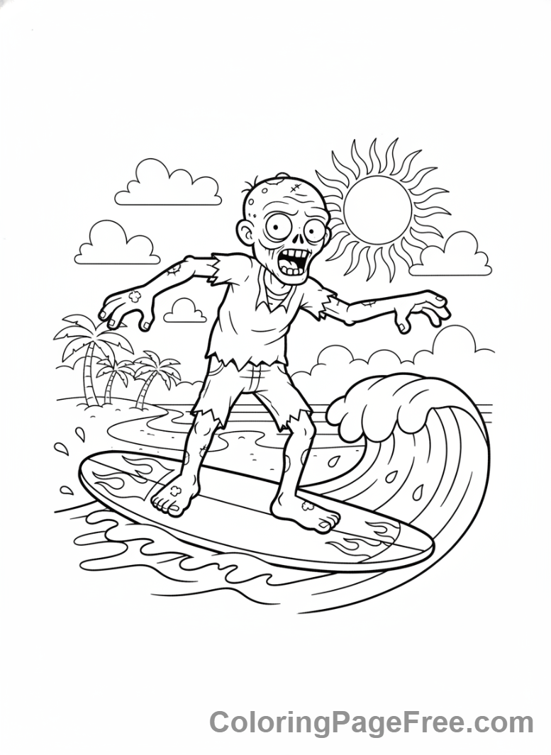 Zombie coloring page - Zombie surfing wave