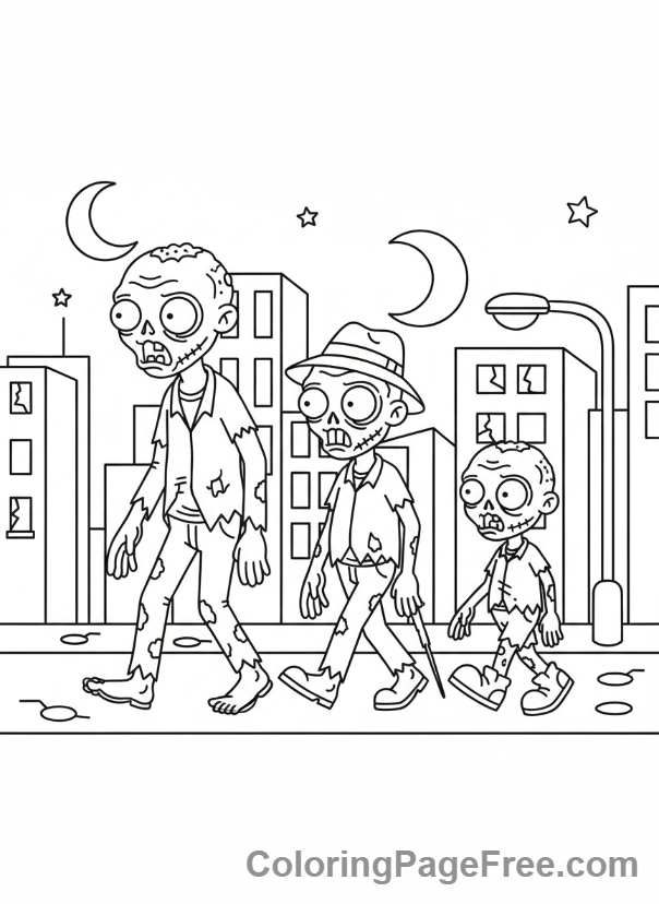 Zombie coloring page - Zombies group walking