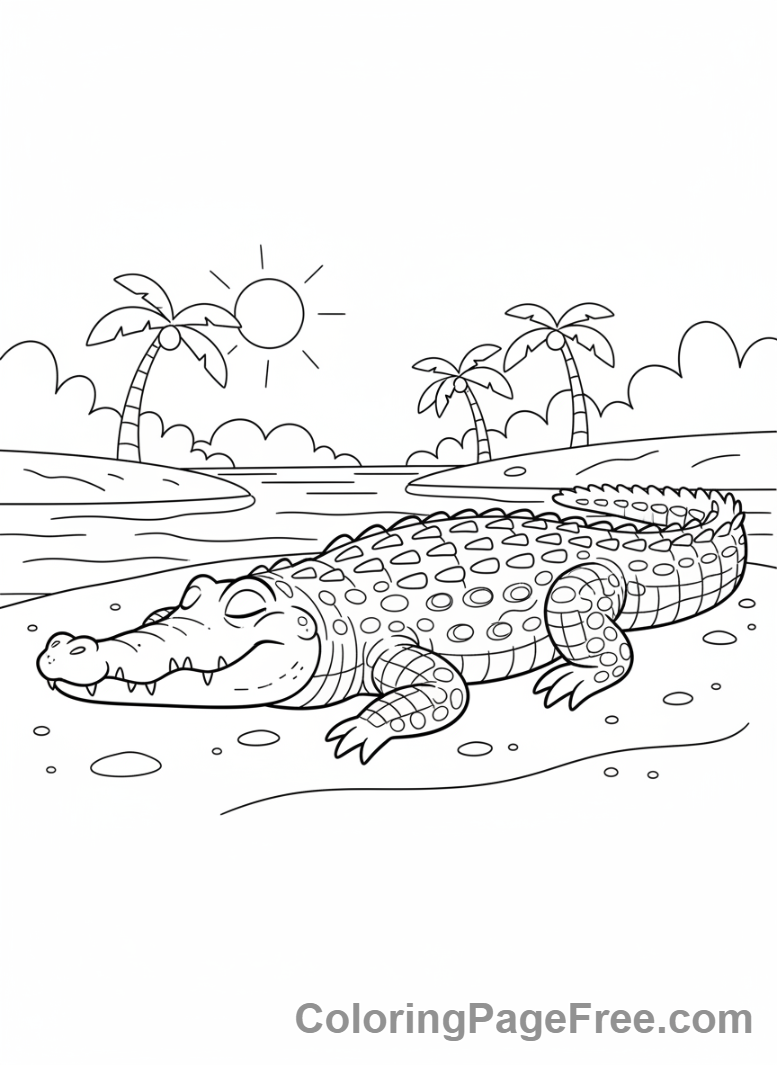 Zoo Animals coloring page - Crocodile Sunbathing River