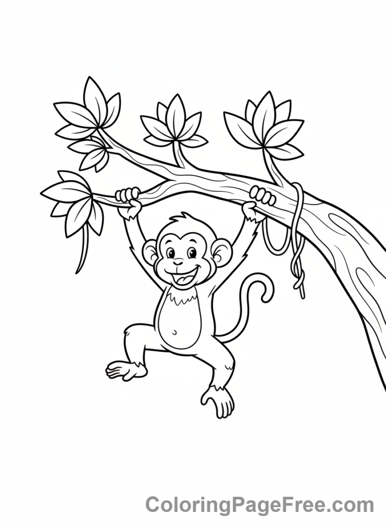 Zoo Animals coloring page - Monkey Swinging Tree
