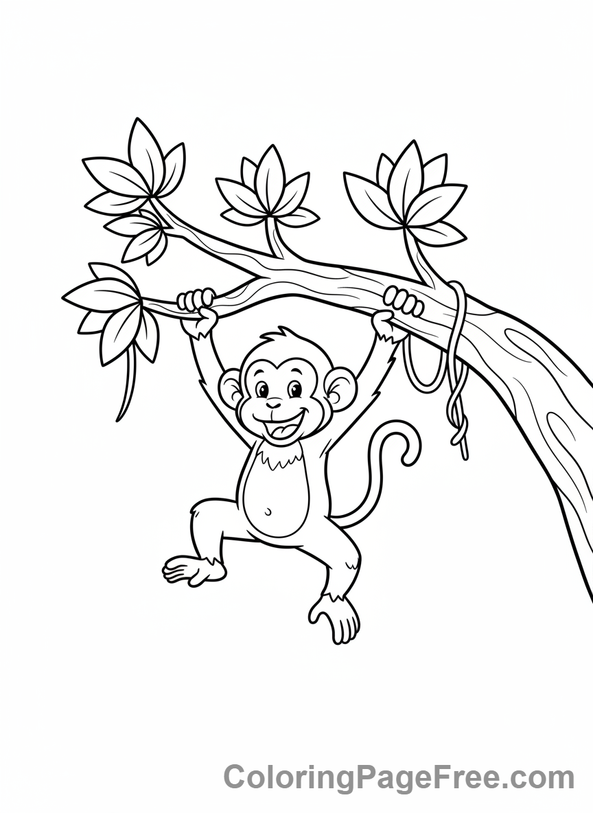 Zoo Animals coloring page - Monkey Swinging Tree