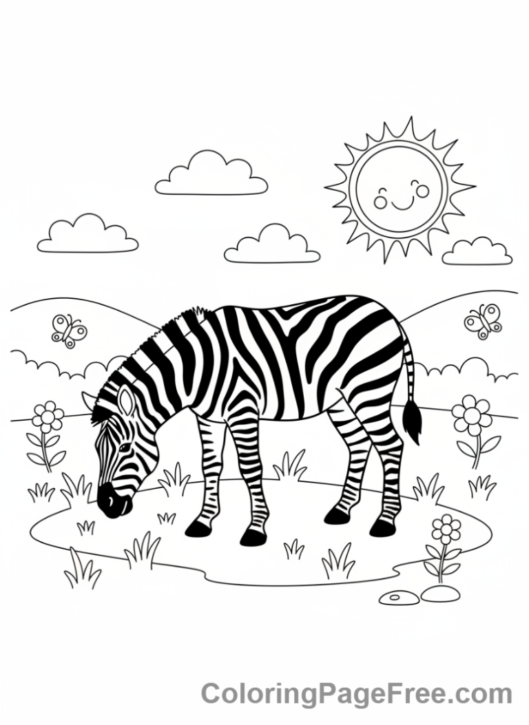 Zoo Animals coloring page - Zebra Grazing Grass